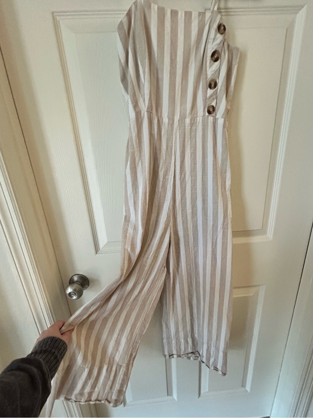 Japna Beige White Striped Linen Blend Wide Leg Jumpsuit - Size Medium - Picture 8 of 13